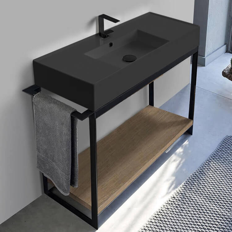 Scarabeo 5124-49-SOL2-89-One Hole Console Sink Vanity With Matte Black Ceramic Sink and Natural Brown Oak Shelf